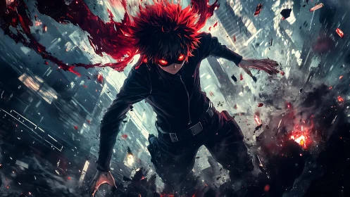 Dark-clad figure descends through debris over lit cityscape