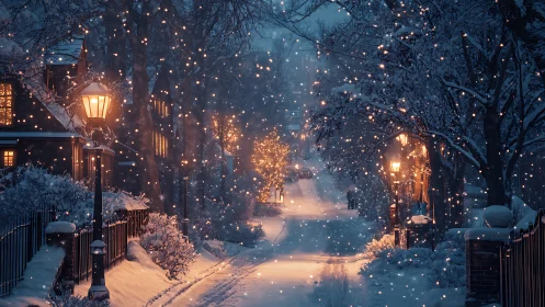 Snowy town street glows under warm lantern light at dusk.