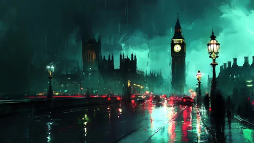Moody London night glows with rainlit streets and neon haze