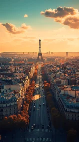 Golden hour boulevard to the Eiffel Tower’s glowing rise.