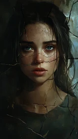 Portrait of young woman behind fractured glass surface.