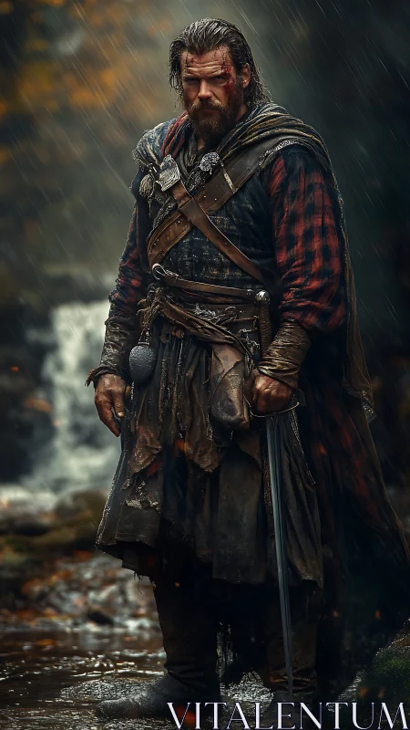 Rain-soaked warrior sentinel beside a roaring forest falls.