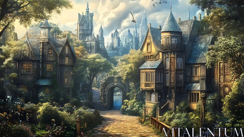 Sunlit fantasy village street before towering hilltop castle.