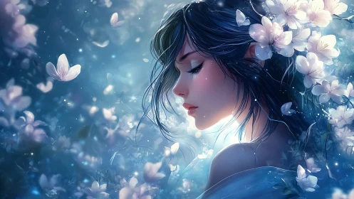 Moonlit blossom muse drifting through a blue hush.