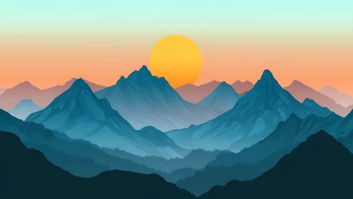 Digital gradient mountain range at sunrise, layered silhouette study.