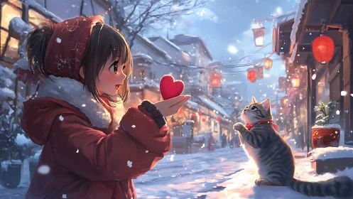 Snowlit anime street with girl, cat, and luminous heart token.