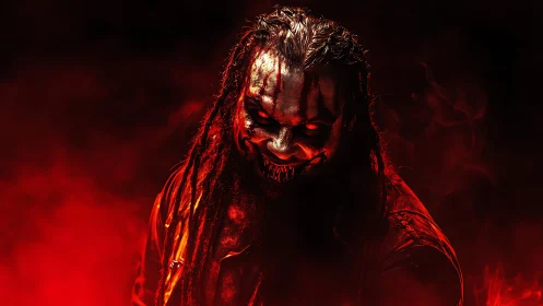 Grinning nightmare climbs from crimson smoke with burning eyes