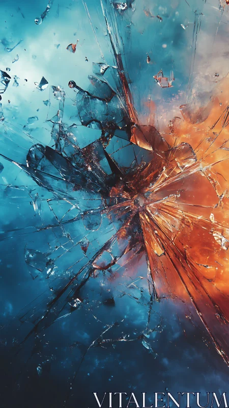 Shattered glass pane captured mid-impact with blue and orange light