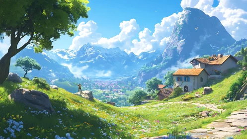 Sunlit mountain meadow with cozy hillside village homes.