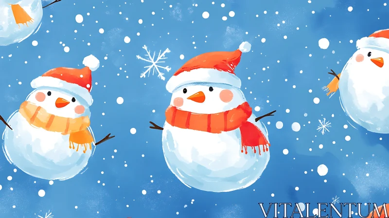 Snowmen in repeated pattern wear hats and scarves uniformly