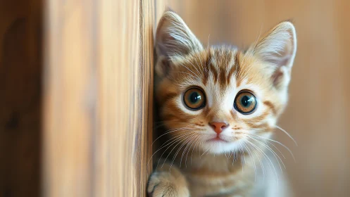 Tabby Kitten Peering Around Doorframe with Wide-Eyed Wonder.