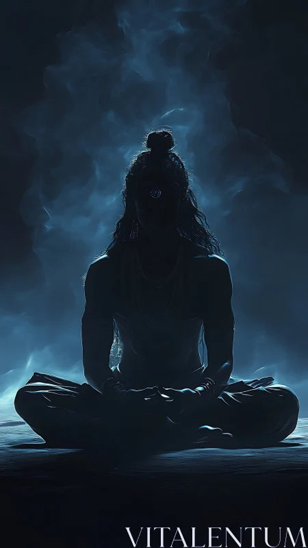 Mystic seated yogi in blue smoke radiates serene stillness.