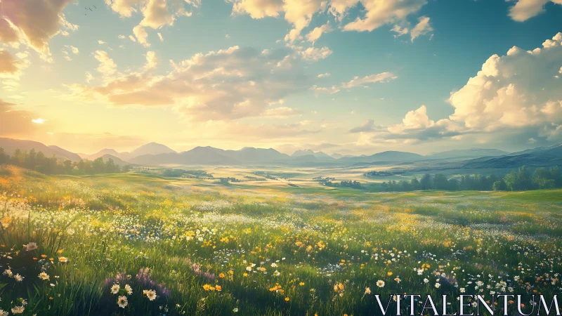 Sunlit wildflower valley under expansive cinematic sky.