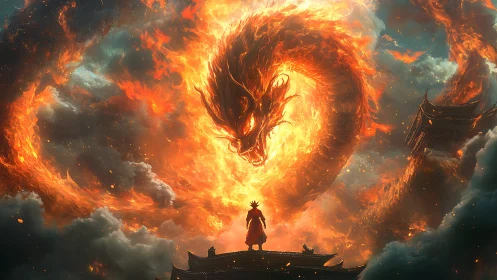 Fiery dragon coils above lone warrior on rooftop.