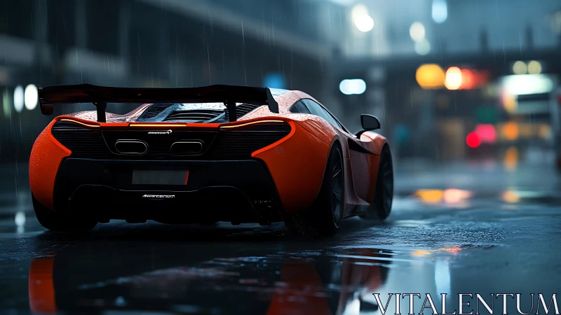 Rain-slicked supercar prowls neon city streets at midnight.