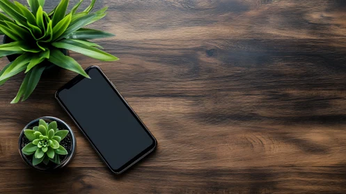 Smartphone Workspace with Fresh Greenery on Wood