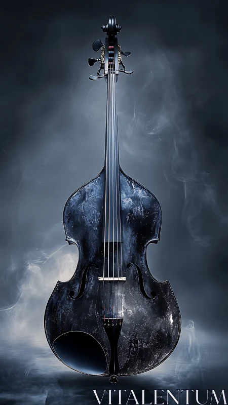 Midnight cello stands in swirling mist with ethereal poise