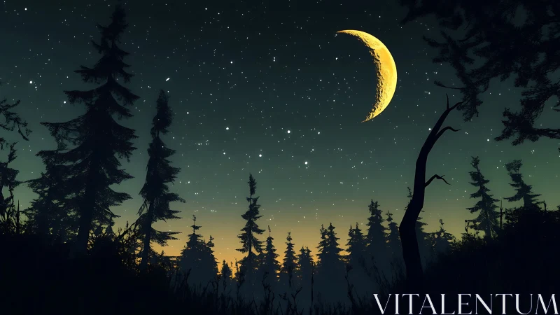 Crescent Moon Over Forest with Starlit Sky.