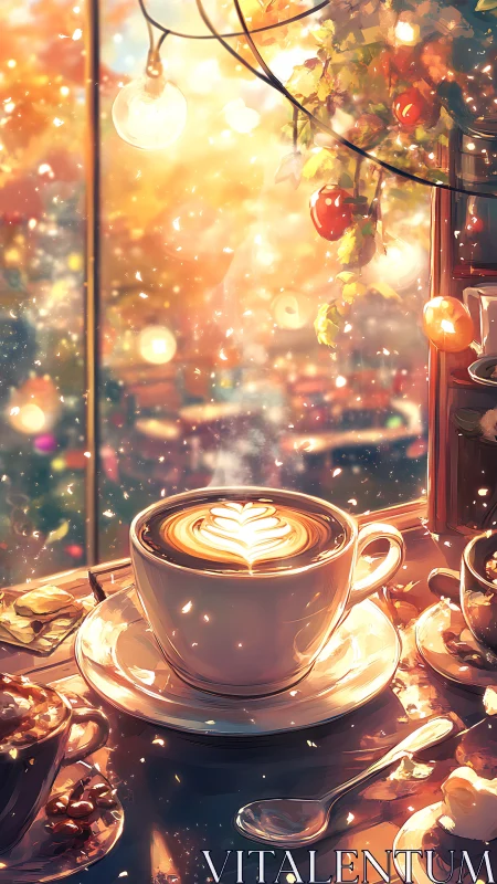 Latte art glows under golden bokeh in cozy cafe window