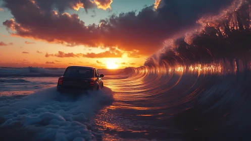Car drives through glowing sunset wave tunnel seascape