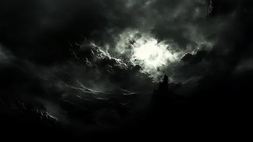 Nocturnal vortex sky engulfs silhouetted spire in chiaroscuro