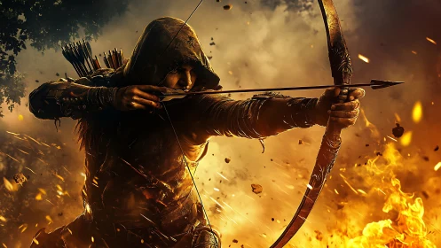 Hooded medieval archer drawing recurve bow amid firestorm