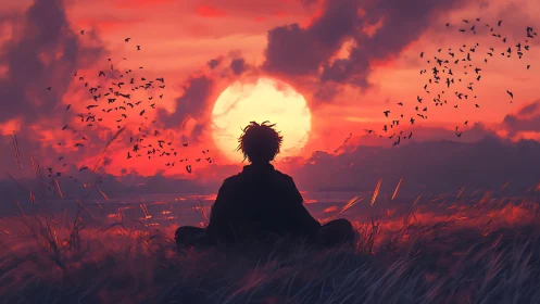 Soft dusk embraces a lone dreamer beneath a glowing sun