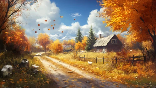 Rural dirt road and wooden cottage in bright autumn landscape.