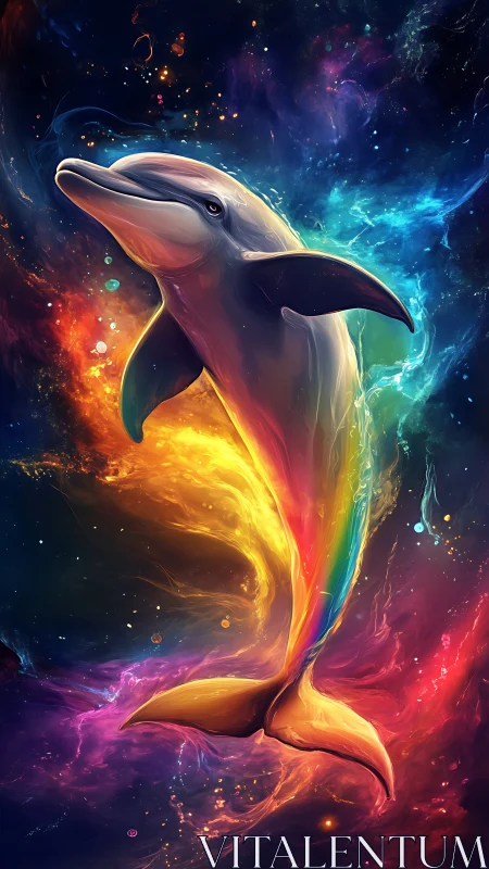 Cosmic rainbow dolphin surfing nebula tides of starlight.