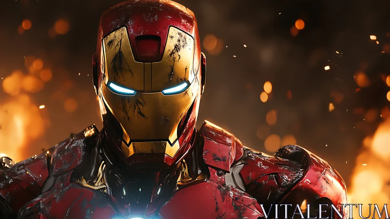 Battle-worn red metal hero stands bold in drifting sparks