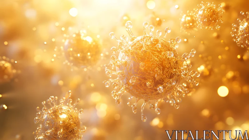 Golden virus particles in sunlight, macro digital art visualization.