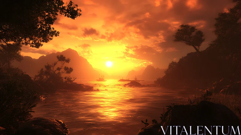 Dramatic orange sunset over calm coastal inlet water.