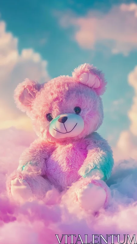 Chromatic plush teddy bear in atmospheric pastel cloudscape.