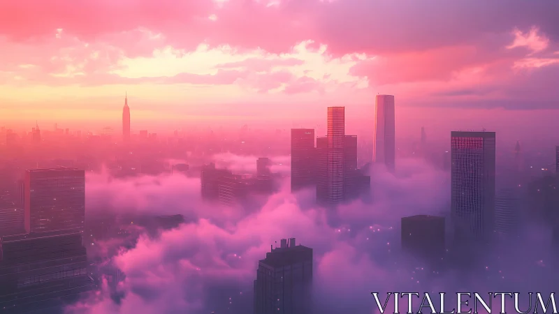 High-rise skyline penetrates dense pink volumetric fog at sunrise