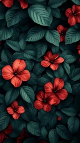 Red Flowers with Teal Foliage: Botanical Digital Illustration with Dramatic Contrast