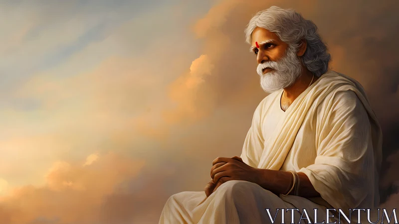 Elderly sage in contemplative repose against luminous dusk sky.