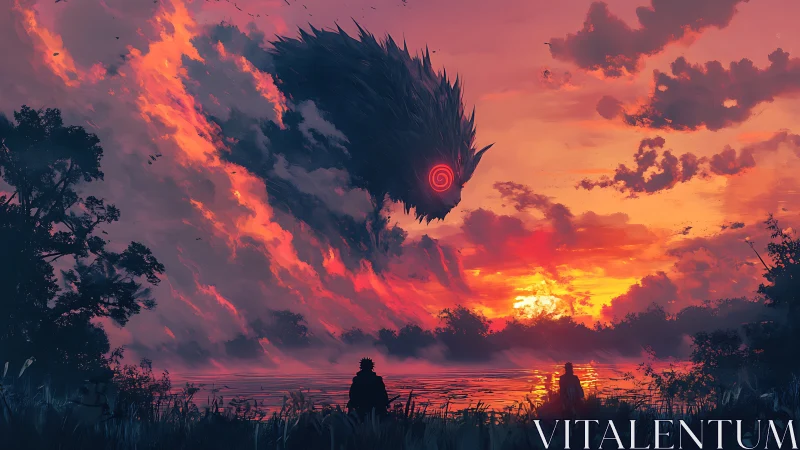 Colossal cloud beast with glowing eye over fiery sunset shore.