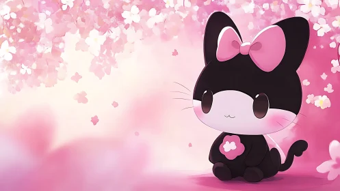 Kawaii cat character under soft pink cherry blossoms.