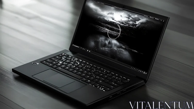 Monochrome performance laptop with cinematic loading display.