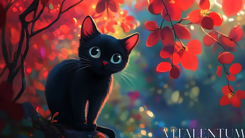 Black Cat with Luminous Eyes Among Red Blossoms.