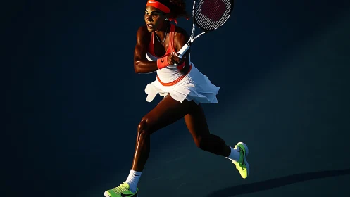 Female tennis player captured mid-forehand on dark court