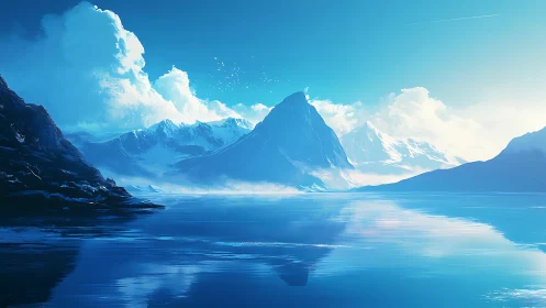 Glacial mountain massif reflects in hyperreal arctic seascape