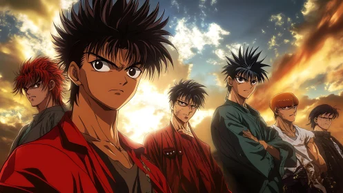 Group of anime characters under a dramatic sky at dusk.