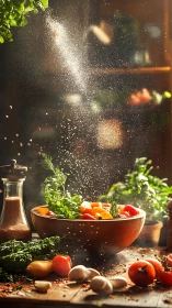 Wooden bowl of fresh vegetables with salt scattering overhead.