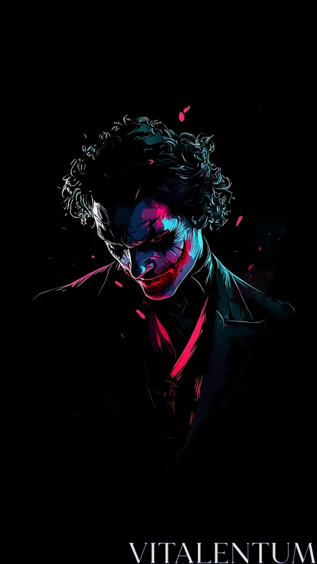 Neon-lit clown figure rendered in high-contrast digital chiaroscuro