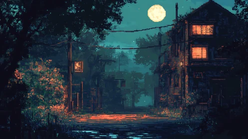 Moonlit pixel street scene renders atmospheric nocturnal stillness