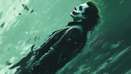 Tilted green portrait of clown-painted figure in leather coat.