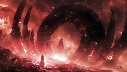 Solitary figure confronts colossal fragmented ring under red storm