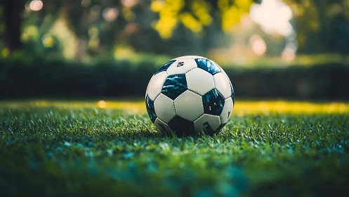 Soccer ball on green grass field under soft evening light.