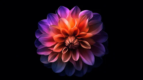 Dahlia with gradient spectrum coloration on dark background.
